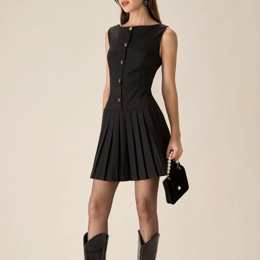 Rihoas Black Boat Neck Pleated Mini Dress